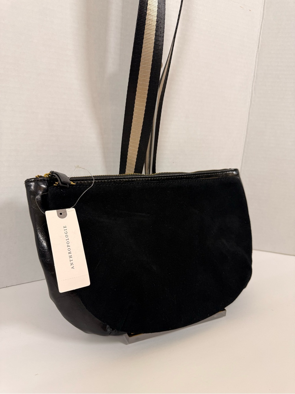 Anthropologie Black Suede & Striped Strap Crossbody